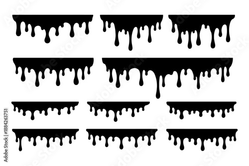 Series of black dripping paint stains on white background.