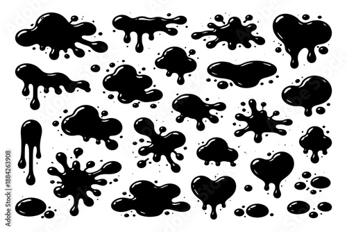 Collection of black ink splatter blots and drips on white background.