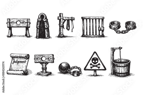 A collection of medieval punishment devices is showcased including a pillory, cage, gallows, scroll of judgment, death symbol and water well on a white background.