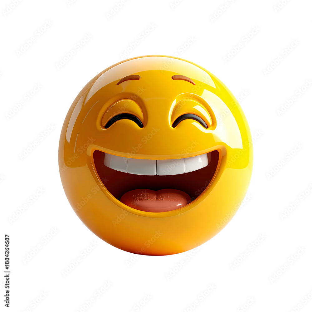 Fototapeta premium Yellow smiley with big smile on it with black background behind it.