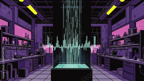 Retro-futuristic laboratory with glowing data stream, digital experiment, and scientific equipment. Visualizing advanced technology and innovation.