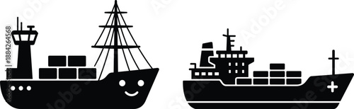 Cargo ship silhouette illustration set, maritime transportation vessels, industrial shipping and fishing boats, logistics freight, marine industry icons