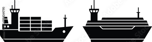 Cargo ship and cruise ship silhouette illustration, maritime transportation concept, shipping logistics vessels, marine industry, ocean travel design