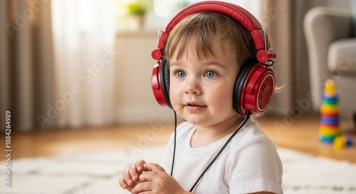 Toddler girl wearing red headphones while sitting on living room floor  