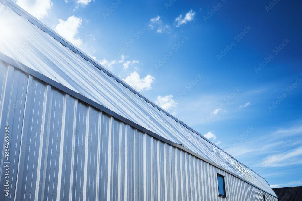 Fototapeta premium Modern building exterior showcasing metal facade and roof under a clear blue sky