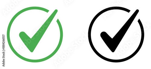 Checkmark icon. Circle tick approved symbol with black and green color