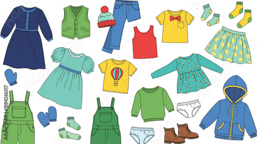 Children clothing, dresses, shirts, pants, skirts, sweaters, overalls, socks, mittens, boots, jacket, fashion set - flat vector illustration