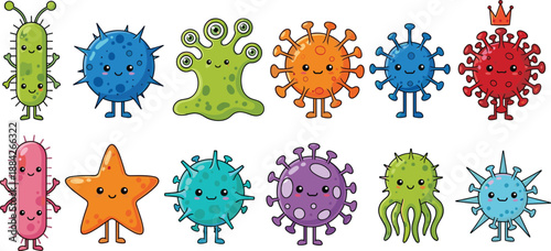 Cartoon microorganisms, colorful germs, smiling faces, crown microbe, friendly bacteria, playful science icons - flat vector illustration