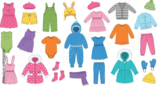 Children's clothing, baby fashion, seasonal outfits, toddler apparel, cozy wear, colorful wardrobe, kids accessories, winter gear, flat vector illustration