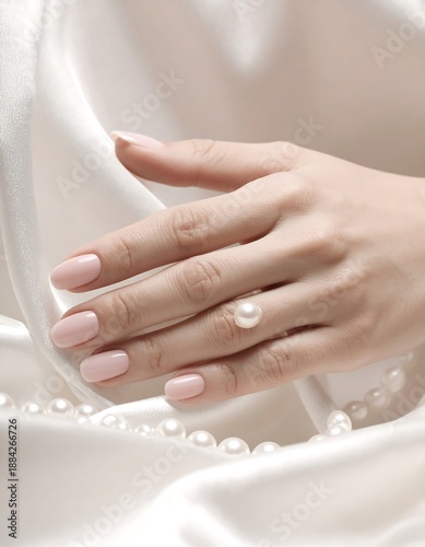 Wallpaper Mural Pale pink manicured hand with pearl ring rests on creamy silk with a string of pearls in soft, diffused light Torontodigital.ca