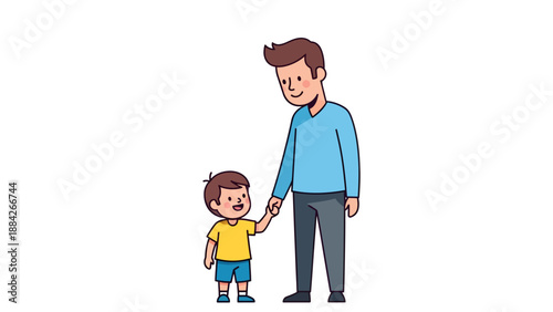 A cartoon illustration of a smiling man holding hands with a little boy