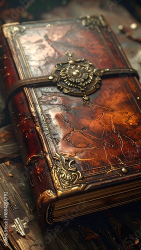 Ornate, leather-bound book with gold embellishments, resting on aged, scattered papers. Close-up, warm lighting