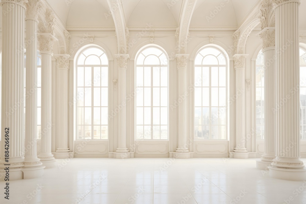 Naklejka premium Empty classical room featuring ornate columns, arched windows, and white marble flooring