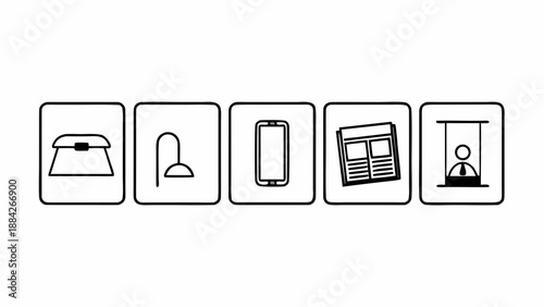 Line icons representing various devices and objects in a minimalist style viewed from a straightforward perspective