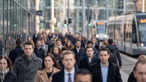 Busy street with many people walking during the day near a train station in a large city