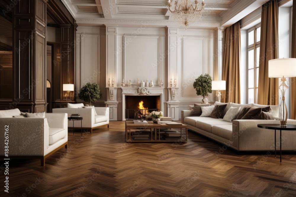Fototapeta premium Elegant living room interior showcasing a fireplace, chic furniture, and herringbone floor