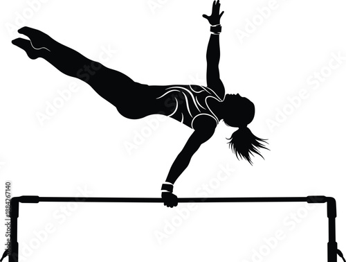 Gymnast silhouette on uneven bars, athletic performance pose, dynamic sports icon, strength and flexibility art, flat vector illustration