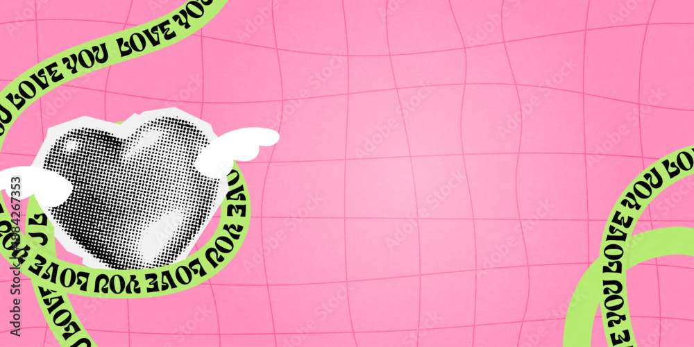Naklejka premium valentine day halftone collage banner. background with retro cut out paper elements in y2k style. heart, cupid, angel, love, ripped sticker in vector dotted effect