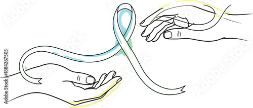 Two illuminated hands gently hold and pass an awareness ribbon symbolizing connection support and the continuous journey of solidarity for a shared cause