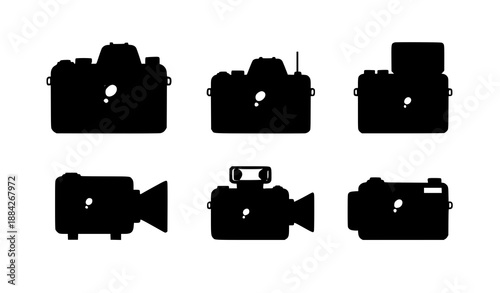 Camera photography black silhouette icon set isolated on white background vector
