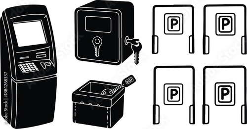 Parking meter and lockbox icons in black and white