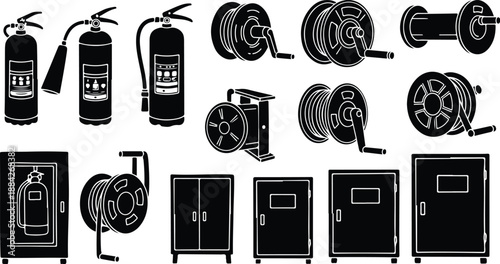 Fire safety equipment and tools in black and white