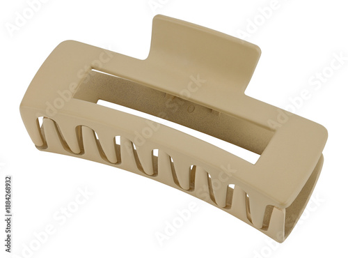 Beige plastic hair claw clip isolated on a transparent background. Full depth of field. PNG.