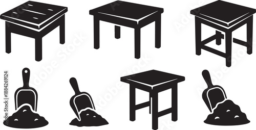 Black and white illustration of tables and dustpans