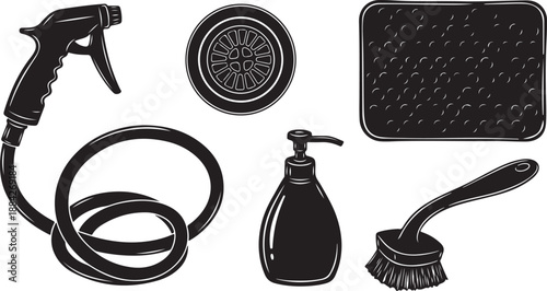 Cleaning tools and supplies in black and white illustration