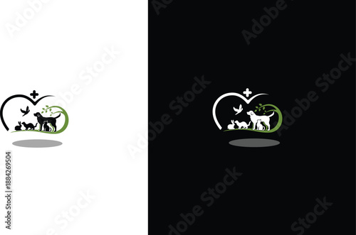 icons Pet care logo with dog cats and birds inside a heart shape representing animal welfare and veterinary services flat vector illustration