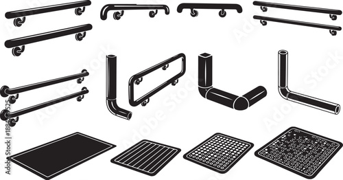 Black metal hardware and bathroom accessories illustration set