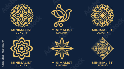Eight gold circular mandala logos on navy background featuring minimalist luxury branding