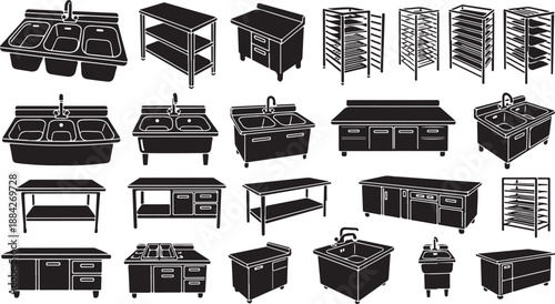 Various kitchen counters and shelving units in black isometric style