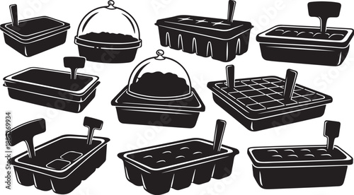Black and white illustration of various ice cube trays