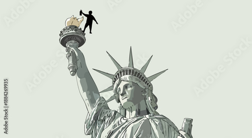 Small silhouetted figure stands precariously atop the torch of the iconic Statue of Liberty against a pale sky.