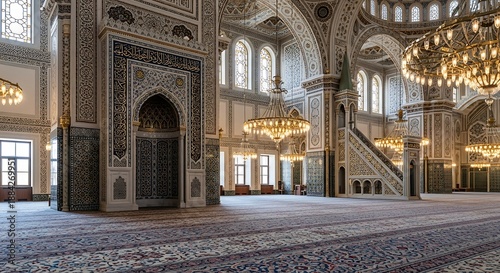 Ornate interior of a grand mosque with intricate designs and chandeliers illustration