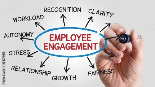 Human hand draws an employee engagement concept diagram on a bright whiteboard showing related facto