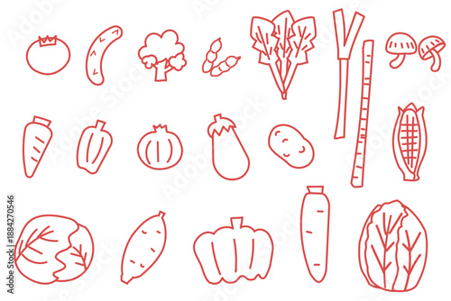 赤い線画で描いた野菜イラストセット