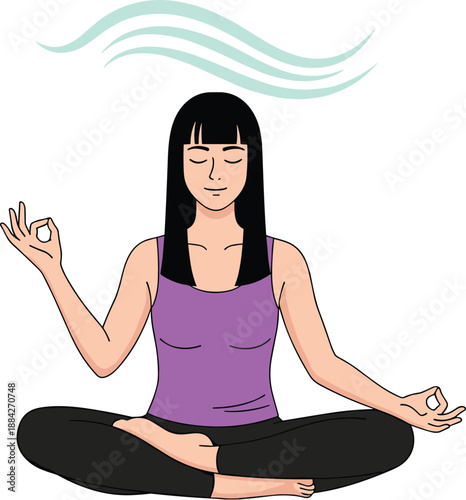 Meditation pose with mudra gesture, calm energy lines, mindfulness practice icon, seated figure in focus – flat vector illustration