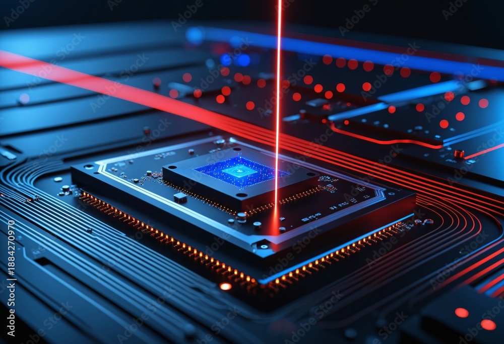 Obraz premium Futuristic photonic microchip processor with red laser beam data transmission, optical computing and quantum technology concept.