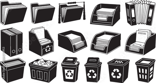 Office Filing and Recycling Station Icon Set Illustration