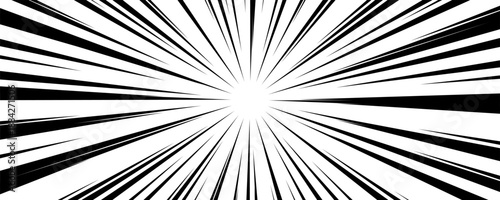 Comic speed line background. Cartoon book explosion effect. Black and white radial pattern. Pop art flash beams or rays. Manga or anime sunburst wallpaper. Vector superhero impact backdrop