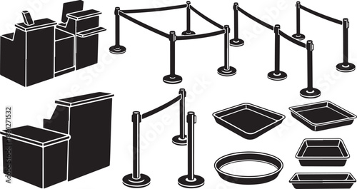 Black and white illustration of event barriers and stanchions