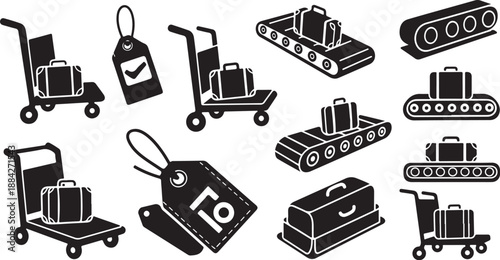 Black and white luggage icons with tags and carts