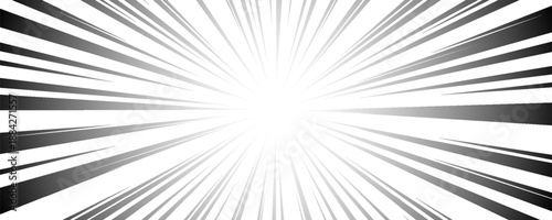 Comic speed line background. Cartoon book explosion effect. Black and white radial pattern. Pop art flash beams or rays. Manga or anime sunburst wallpaper. Vector superhero impact backdrop