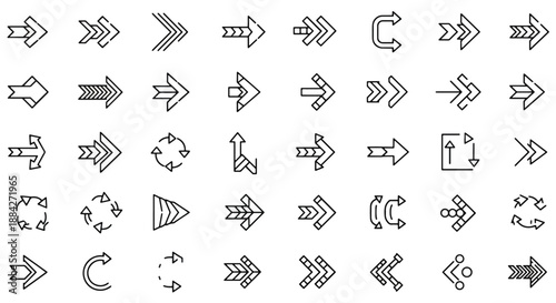 A comprehensive collection of diverse outline arrow icons, showcasing various directions, styles, and uses for navigation and indication in digital interfaces.