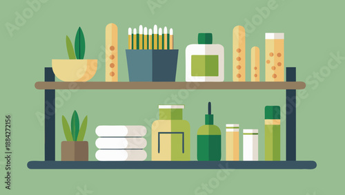 Shelf with eco-friendly skincare products, towels, and plants in minimalist design