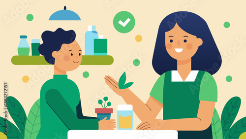 Smiling woman explaining natural herbal medicine to a young boy in a green setting