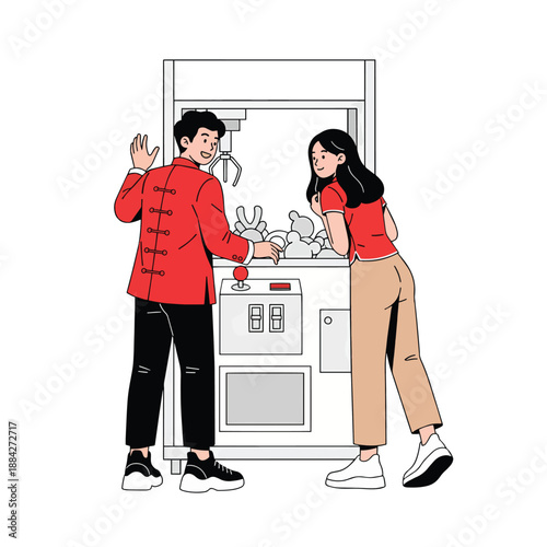 A man and a woman playing a claw machine, trying to win plush toys in an arcade.