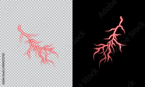 Red electric lightning bolt effect isolated on transparent background with glowing energy plasma for vfx overlay sci fi game design poster and motion graphics